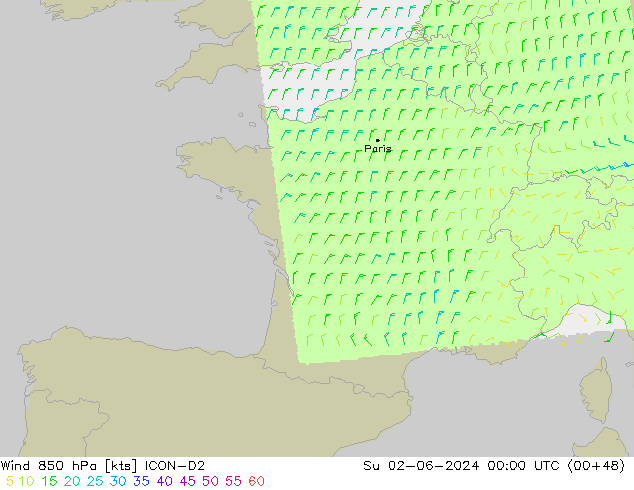 Vento 850 hPa ICON-D2 Dom 02.06.2024 00 UTC