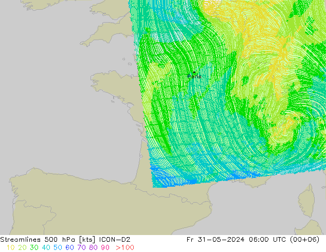 ветер 500 гПа ICON-D2 пт 31.05.2024 06 UTC