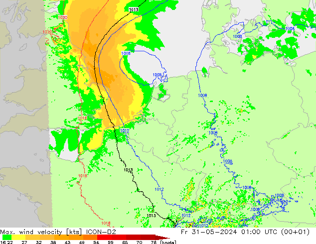 Max. wind velocity ICON-D2 星期五 31.05.2024 01 UTC