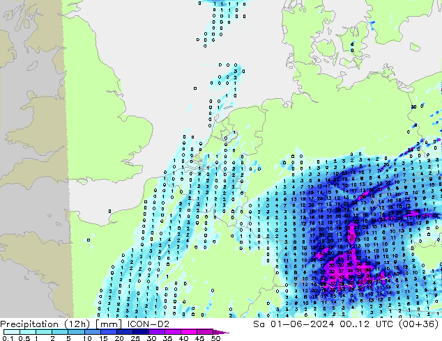 Totale neerslag (12h) ICON-D2 za 01.06.2024 12 UTC