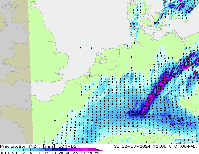 Precipitation (12h) ICON-D2 Su 02.06.2024 00 UTC