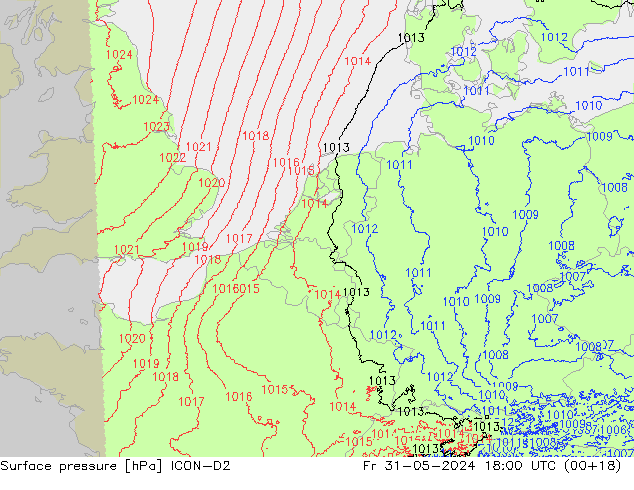 pressão do solo ICON-D2 Sex 31.05.2024 18 UTC