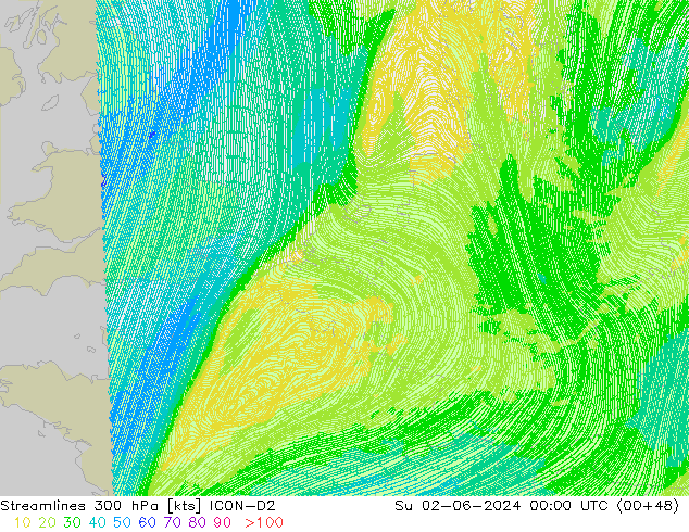 Stroomlijn 300 hPa ICON-D2 zo 02.06.2024 00 UTC