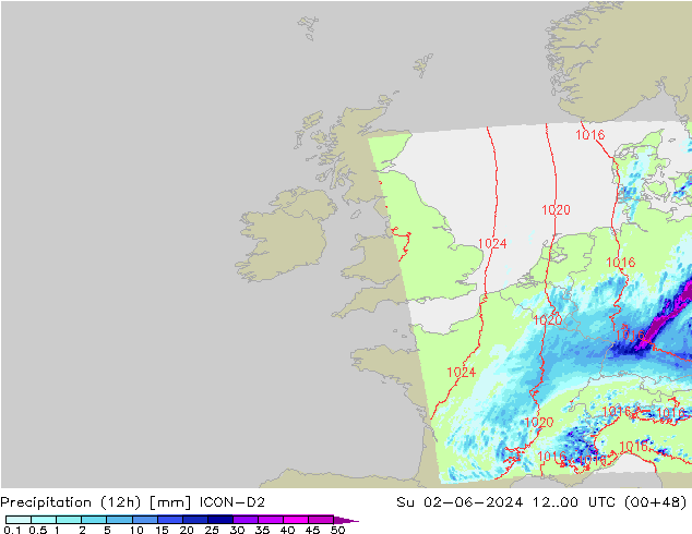 Precipitazione (12h) ICON-D2 dom 02.06.2024 00 UTC