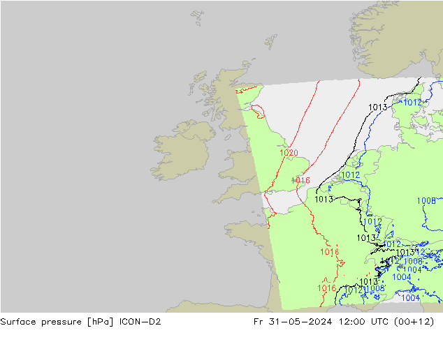 Presión superficial ICON-D2 vie 31.05.2024 12 UTC