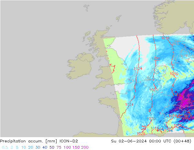 Precipitation accum. ICON-D2 dom 02.06.2024 00 UTC