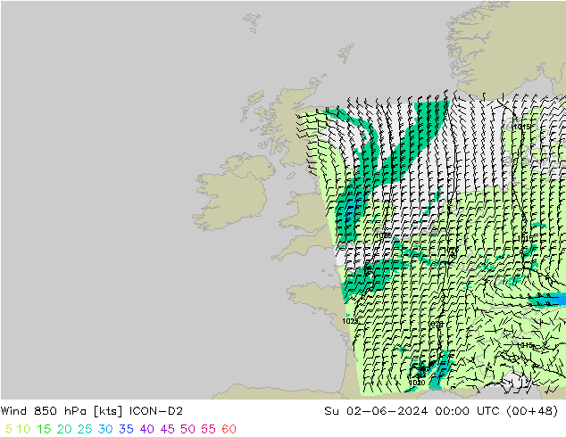 Wind 850 hPa ICON-D2 zo 02.06.2024 00 UTC