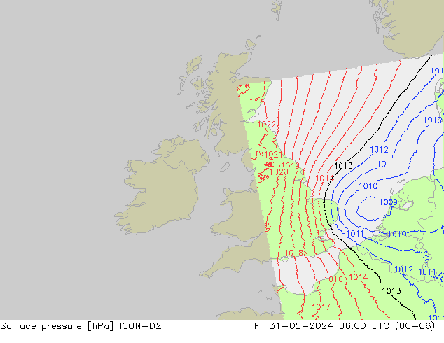 Atmosférický tlak ICON-D2 Pá 31.05.2024 06 UTC