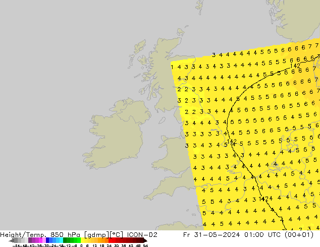 Height/Temp. 850 hPa ICON-D2 Pá 31.05.2024 01 UTC