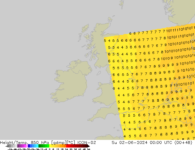 Height/Temp. 850 hPa ICON-D2 Su 02.06.2024 00 UTC