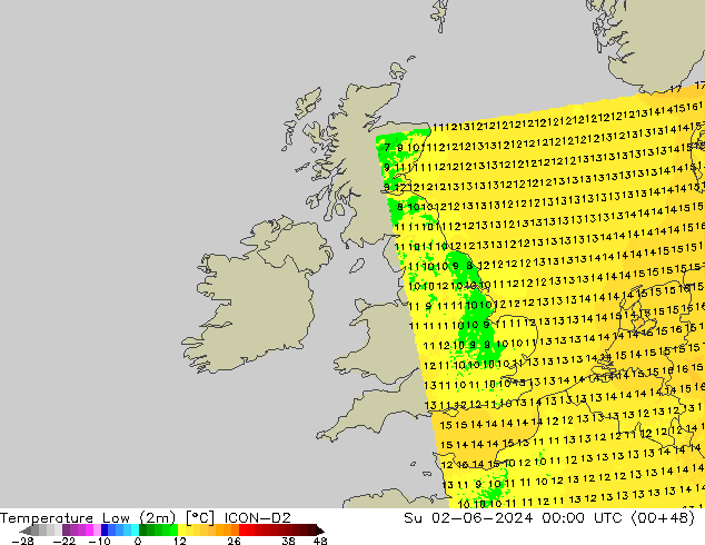 Min.temperatuur (2m) ICON-D2 zo 02.06.2024 00 UTC