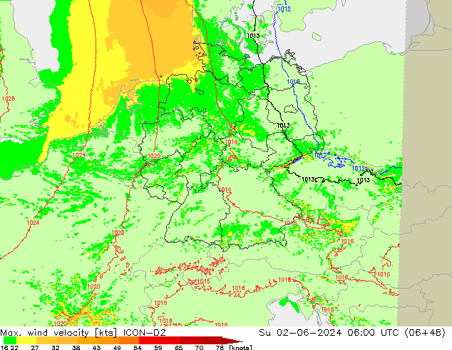 Max. wind snelheid ICON-D2 zo 02.06.2024 06 UTC