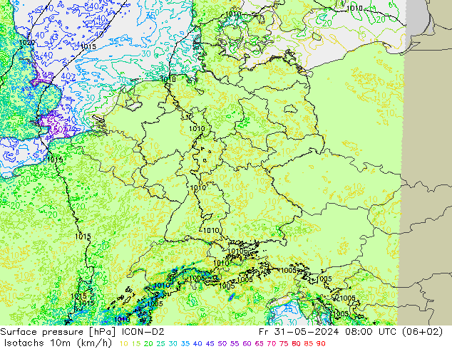 Isotachen (km/h) ICON-D2 Fr 31.05.2024 08 UTC