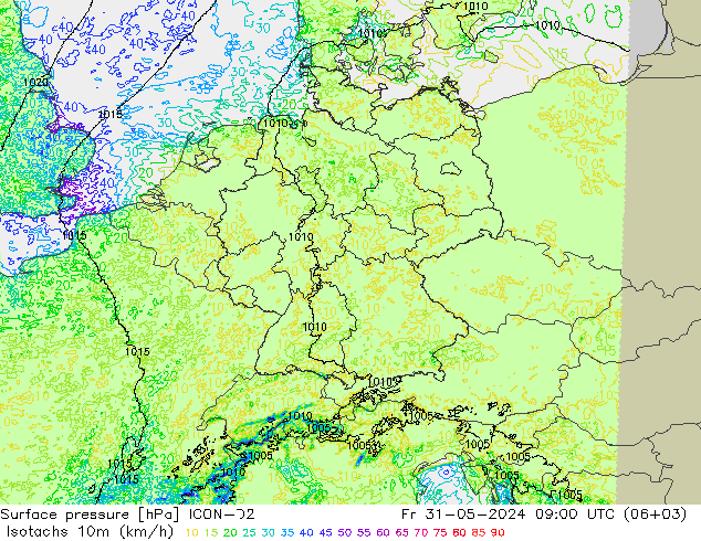 Isotachs (kph) ICON-D2 пт 31.05.2024 09 UTC