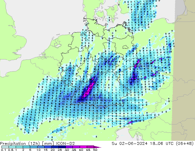 Precipitação (12h) ICON-D2 Dom 02.06.2024 06 UTC