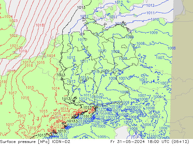 Atmosférický tlak ICON-D2 Pá 31.05.2024 18 UTC