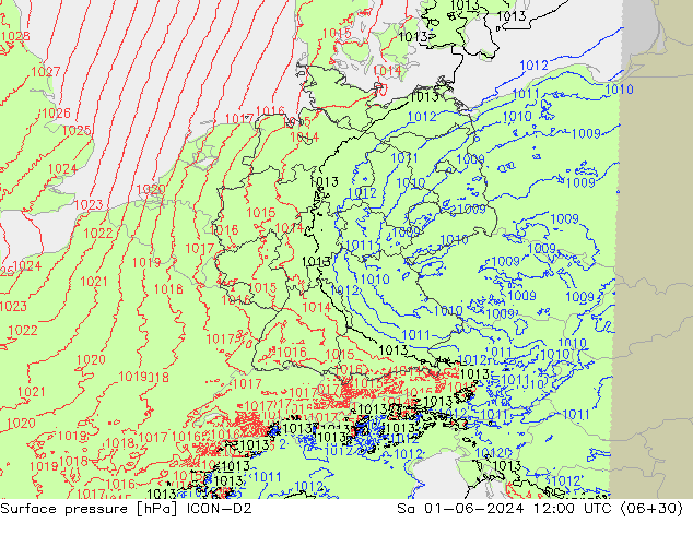 Surface pressure ICON-D2 Sa 01.06.2024 12 UTC