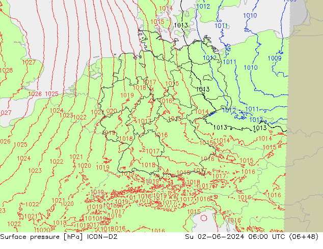 Atmosférický tlak ICON-D2 Ne 02.06.2024 06 UTC