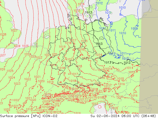 Surface pressure ICON-D2 Su 02.06.2024 06 UTC