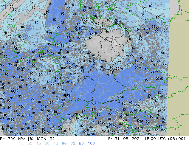 RH 700 hPa ICON-D2 Pá 31.05.2024 15 UTC