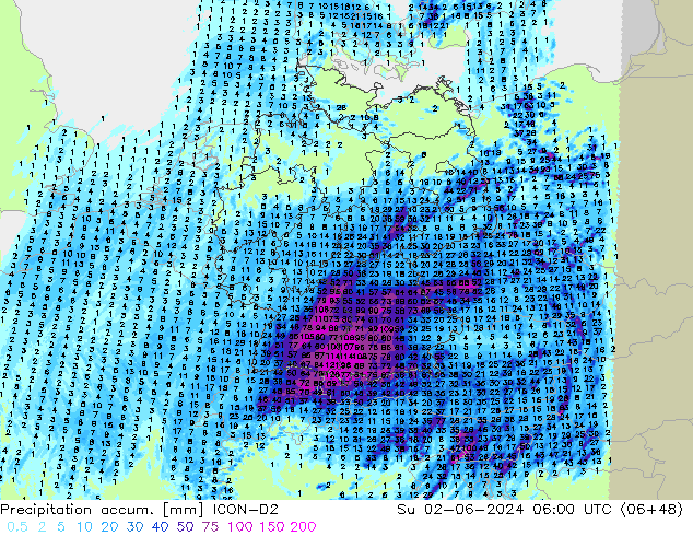 Precipitation accum. ICON-D2 Su 02.06.2024 06 UTC