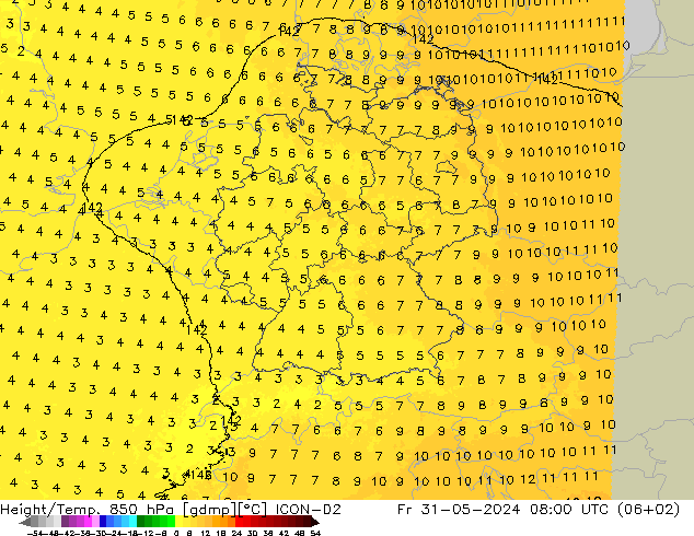 Height/Temp. 850 hPa ICON-D2 pt. 31.05.2024 08 UTC