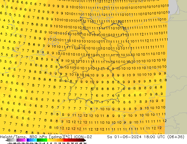 Hoogte/Temp. 850 hPa ICON-D2 za 01.06.2024 18 UTC