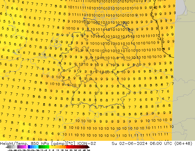 Height/Temp. 850 hPa ICON-D2 nie. 02.06.2024 06 UTC