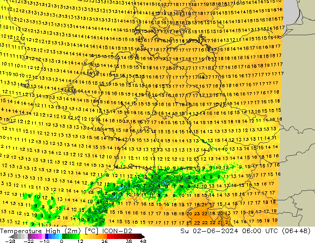 Max. Temperatura (2m) ICON-D2 nie. 02.06.2024 06 UTC