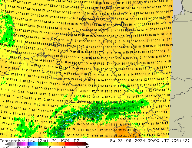 Minumum Değer (2m) ICON-D2 Paz 02.06.2024 00 UTC