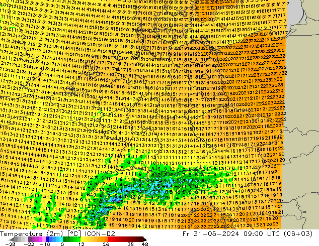 Temperature (2m) ICON-D2 Fr 31.05.2024 09 UTC