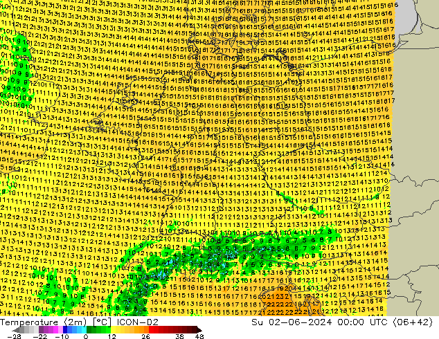 Temperature (2m) ICON-D2 Ne 02.06.2024 00 UTC