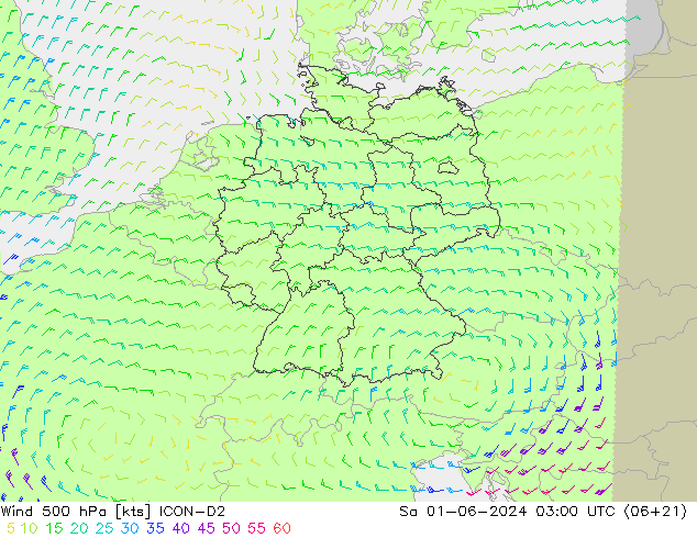 wiatr 500 hPa ICON-D2 so. 01.06.2024 03 UTC