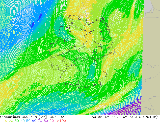 Linea di flusso 300 hPa ICON-D2 dom 02.06.2024 06 UTC