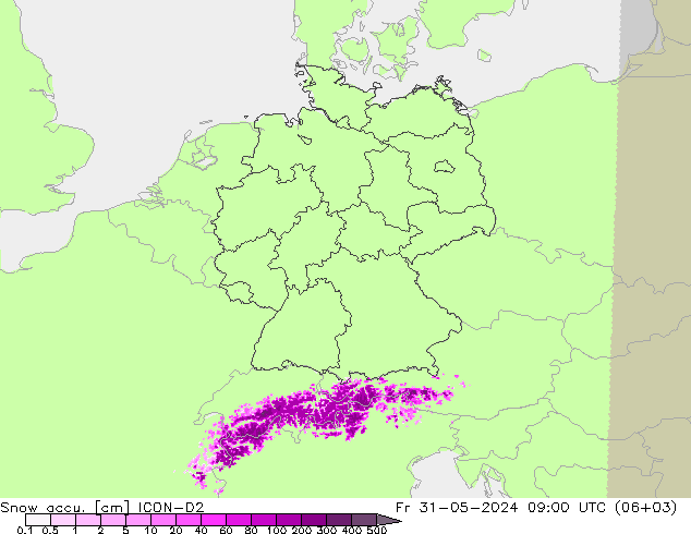 Snow accu. ICON-D2 ven 31.05.2024 09 UTC