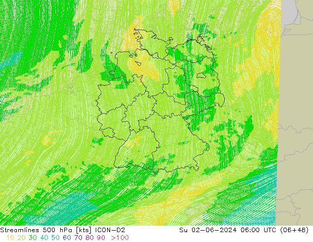 Linea di flusso 500 hPa ICON-D2 dom 02.06.2024 06 UTC