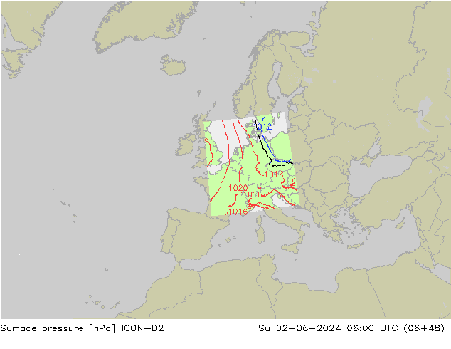 Pressione al suolo ICON-D2 dom 02.06.2024 06 UTC