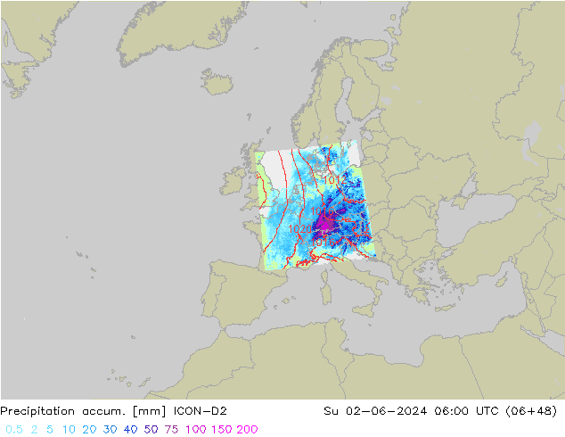 Precipitation accum. ICON-D2 Ne 02.06.2024 06 UTC