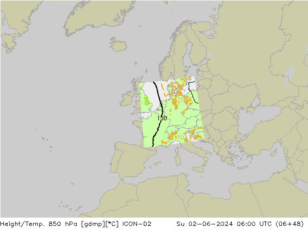 Yükseklik/Sıc. 850 hPa ICON-D2 Paz 02.06.2024 06 UTC