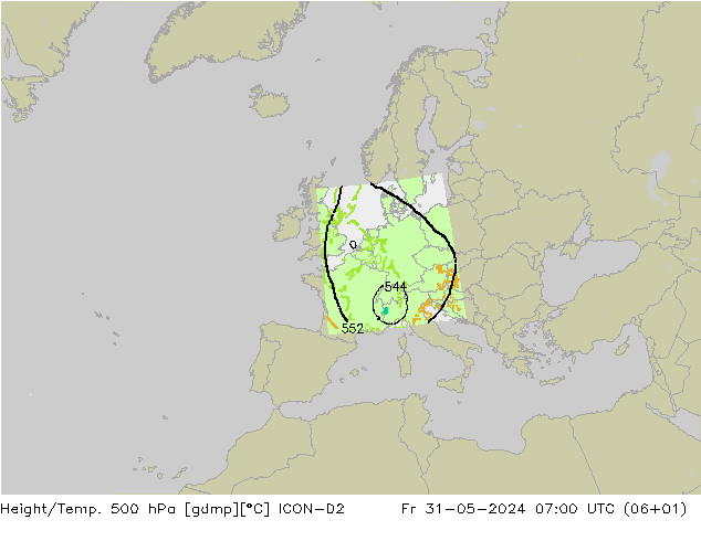 Height/Temp. 500 hPa ICON-D2 Fr 31.05.2024 07 UTC
