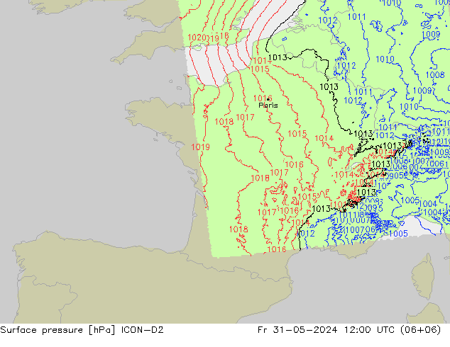 Presión superficial ICON-D2 vie 31.05.2024 12 UTC