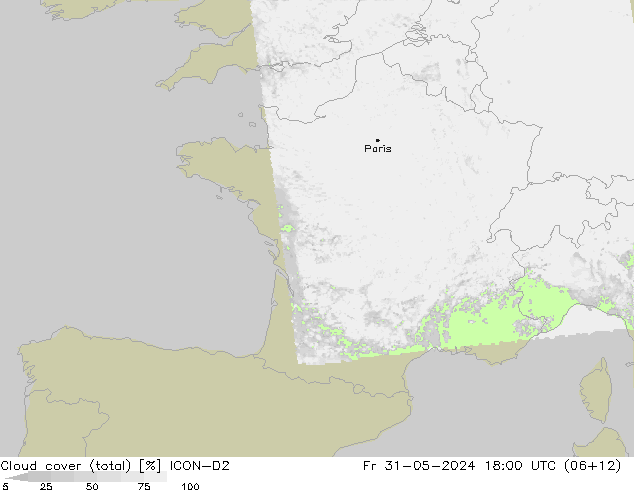 Cloud cover (total) ICON-D2 Pá 31.05.2024 18 UTC