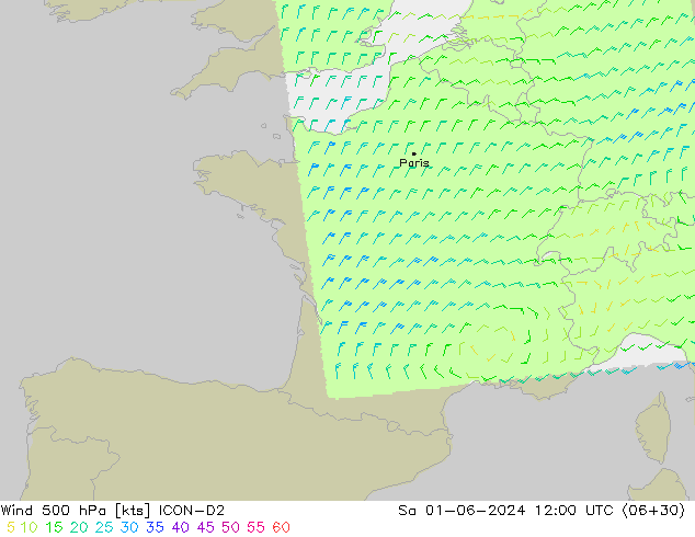 Vento 500 hPa ICON-D2 sab 01.06.2024 12 UTC