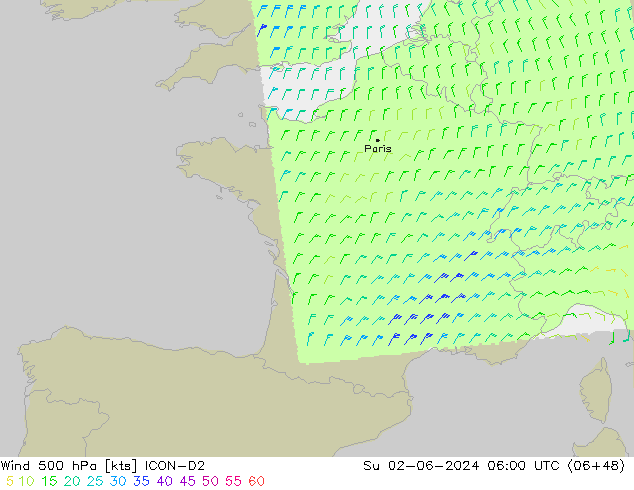 wiatr 500 hPa ICON-D2 nie. 02.06.2024 06 UTC