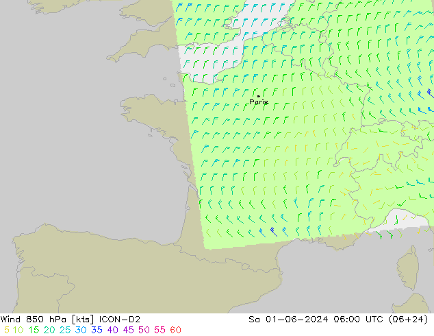 Wind 850 hPa ICON-D2 Sa 01.06.2024 06 UTC