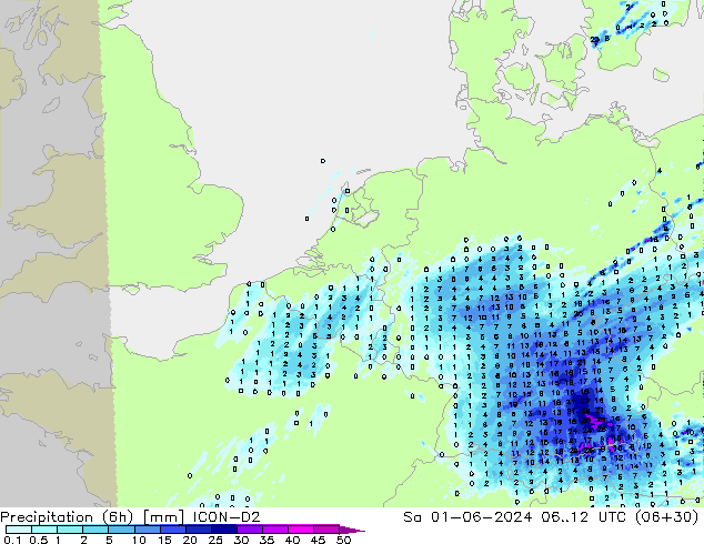 Precipitation (6h) ICON-D2 Sa 01.06.2024 12 UTC