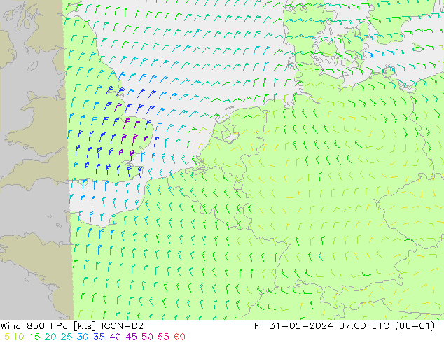 ветер 850 гПа ICON-D2 пт 31.05.2024 07 UTC