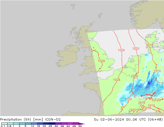 Nied. akkumuliert (6Std) ICON-D2 So 02.06.2024 06 UTC