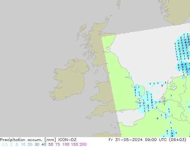 Precipitation accum. ICON-D2 Sex 31.05.2024 09 UTC