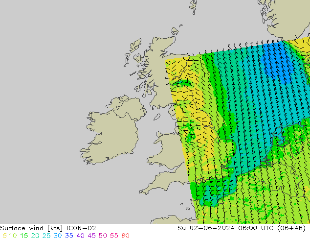 wiatr 10 m ICON-D2 nie. 02.06.2024 06 UTC